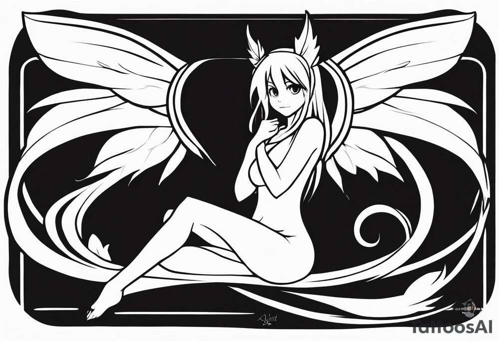 No color sketch of a fairy with a tail inspired by the guild symbol in the anime show called Fairy Tail in a fetal position leaning forward while crawled in and her body is an angle while floating in the air with big wings tattoo idea