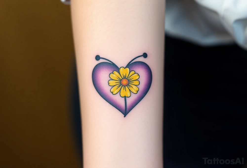 simple with Purple Hearts with yellow daisy with cross tattoo idea