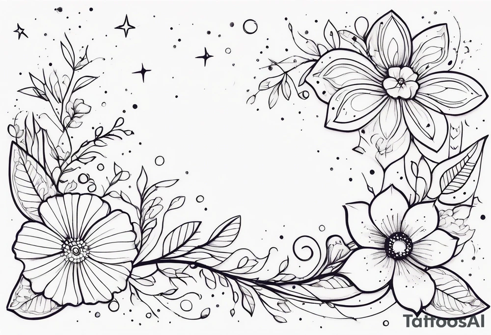 fine line floral with stars, swirls, dots tattoo idea