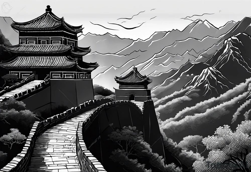 Great Chinese wall, realistic, art, gezeichnet, fine line tattoo idea