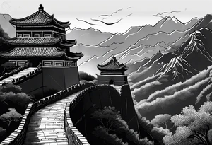 Great Chinese wall, realistic, art, gezeichnet, fine line tattoo idea
