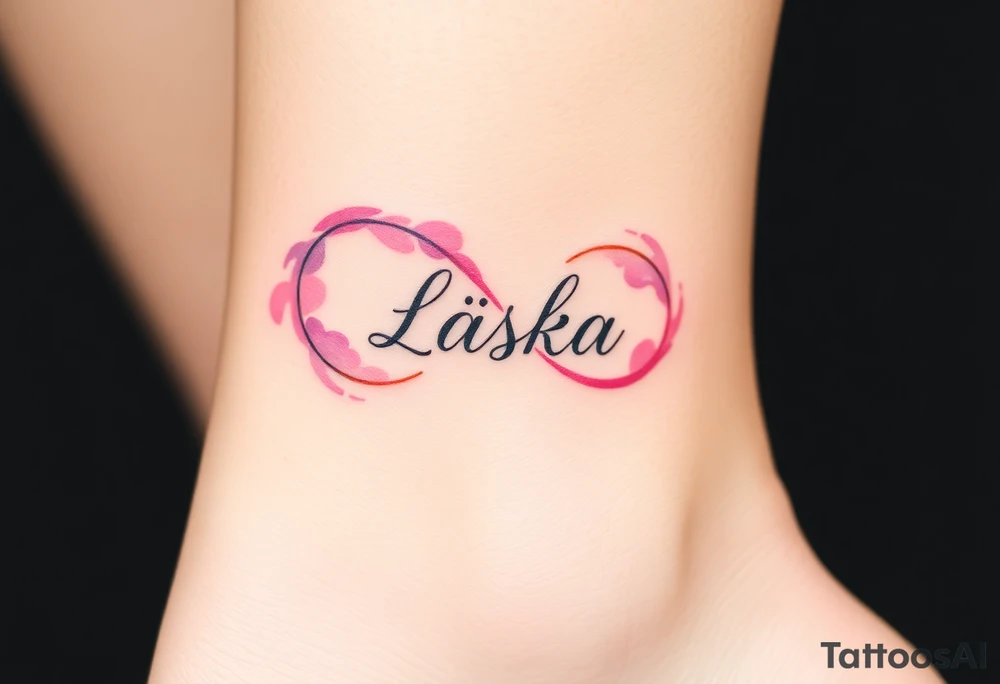 A watercolor infinity design in pastel pink and purple hues, with "Láska" softly blending into the curves, creating a dreamy effect. tattoo idea