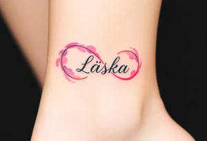 A watercolor infinity design in pastel pink and purple hues, with "Láska" softly blending into the curves, creating a dreamy effect. tattoo idea