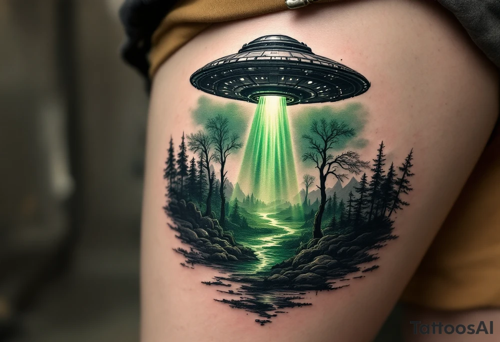 A UFO hovering over a realistic landscape, casting a green in deep black, green, and subtle silver tones. tattoo idea