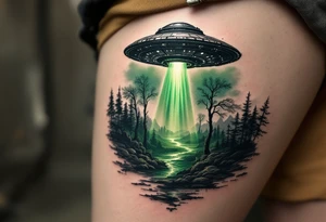 A UFO hovering over a realistic landscape, casting a green in deep black, green, and subtle silver tones. tattoo idea