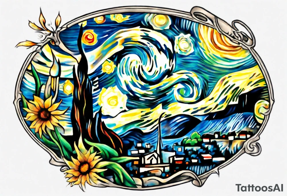 Create a colorful Vincent van Gogh's tattoo The intended placement is on the upper chest. The overall design should be small in size while maintaining a delicate and artistic aesthetic. tattoo idea