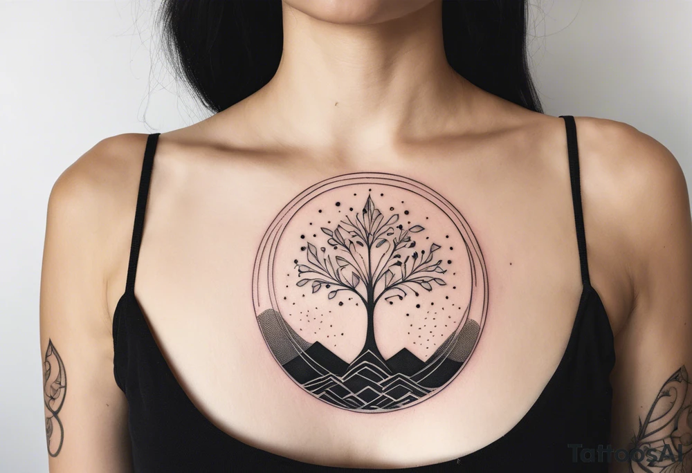 A minimalist tattoo design featuring a vertical composition. At the center is a large, abstract flower with intricate dotted shading and clean lines. A delicate tree with bare branches grows from the top of the flower, while flowing leaves emerge from the bottom. Surrounding the flower are abstract elements like small geometric shapes, mountains in the background, a few birds, and a crescent moon, all positioned in a visually balanced way. There’s a circular solar element near the flower, with rays extending outward. The entire design is made up of fine lines, dot work, and subtle shading, creating a harmonious mix of nature and geometric abstraction. It’s a detailed sketch with organic flow, precision, and a blend of cosmic and natural motifs tattoo idea