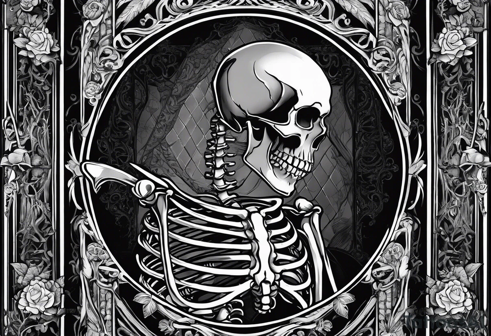 Gothic tarot card with a skeleton reading a book tattoo idea