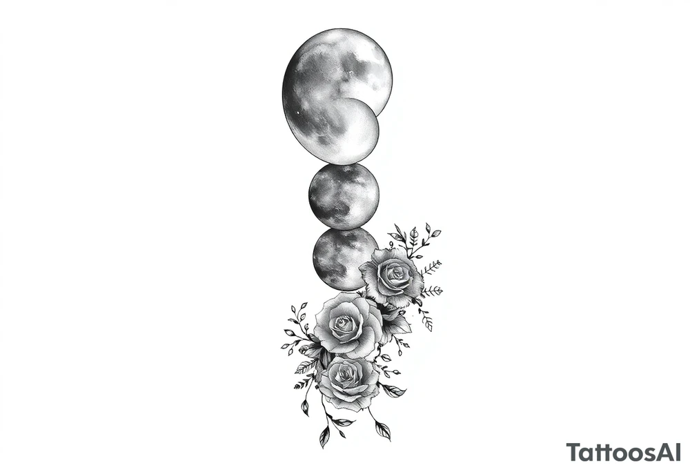 Each phase of the moon going down the spine there’s vines roses and different flowers down the side of each moon going down the spine tattoo idea