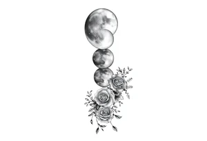 Each phase of the moon going down the spine there’s vines roses and different flowers down the side of each moon going down the spine tattoo idea