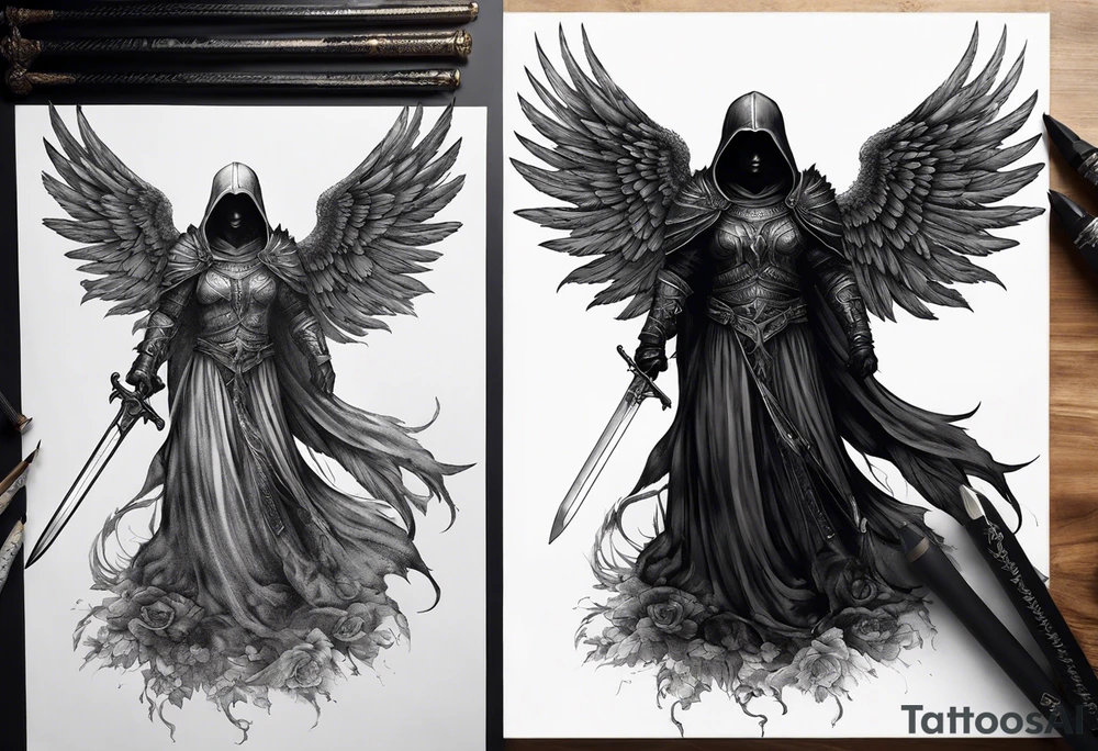realistic full body of black angel of death, no face, face is not visible, with wings holding one sword in both hands, the sword is held edge toward the ground tattoo idea