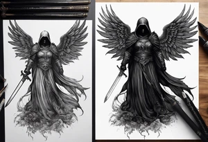 realistic full body of black angel of death, no face, face is not visible, with wings holding one sword in both hands, the sword is held edge toward the ground tattoo idea