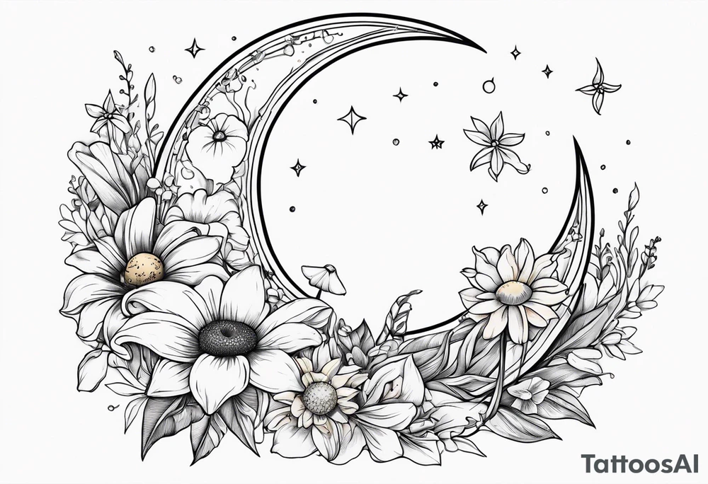 Crescent moon with daisy's, lily’s, crystals, and mushrooms tattoo idea