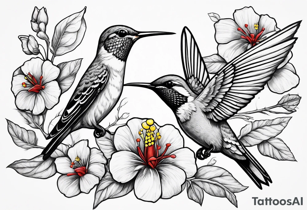 hummingbird, yellow finch, red cardinal, flower garden, tattoo idea