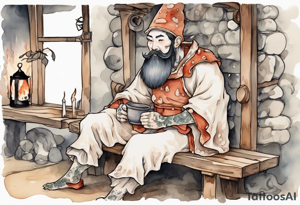 a mushroom-creature with a beard wearing a medieval tunic sitting on a bench by a fireplace drinking from a wood cup, happy tattoo idea