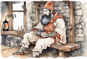 a mushroom-creature with a beard wearing a medieval tunic sitting on a bench by a fireplace drinking from a wood cup, happy tattoo idea