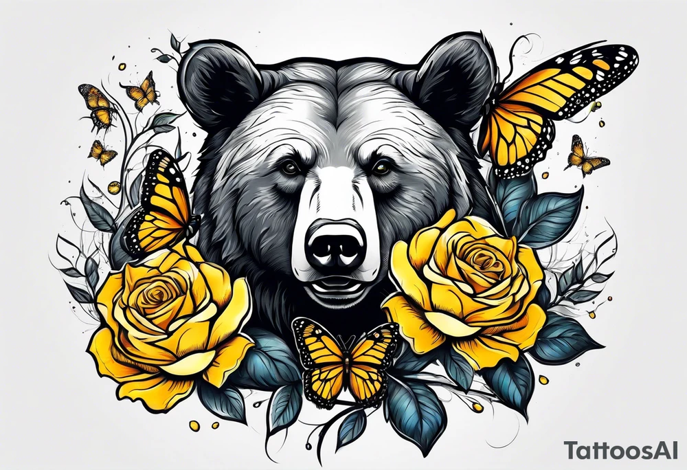A bear with three yellow roses, three butterflies, and the tree of life symbol tattoo idea