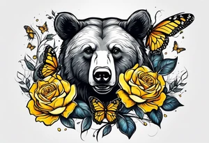 A bear with three yellow roses, three butterflies, and the tree of life symbol tattoo idea