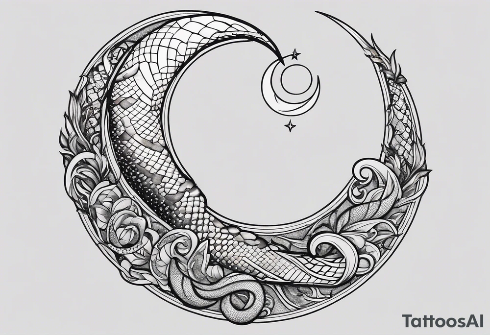 crescent moon has lucifer's snake wrapped around it from bottom up, small and simple tattoo idea