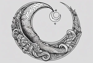 crescent moon has lucifer's snake wrapped around it from bottom up, small and simple tattoo idea