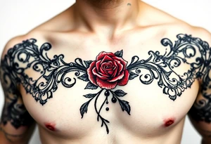 Black and red lace with pearls and rose tattoo for chest. Make elegant tattoo idea