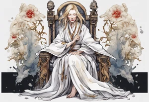 medieval Cate Blanchett dressed in white robes, weeping on throne tattoo idea