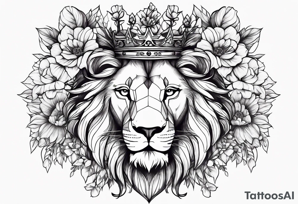 Lion flowers crown cross tattoo idea