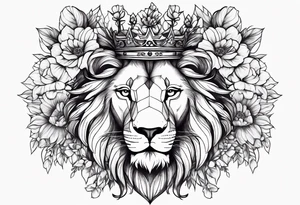 Lion flowers crown cross tattoo idea