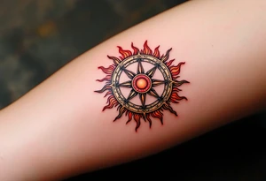 Kolovrat — A bold red eight-spoked sun wheel rotating clockwise, set in a circle with carved stone texture and shadowed edges, surrounded by flame-like rays. tattoo idea