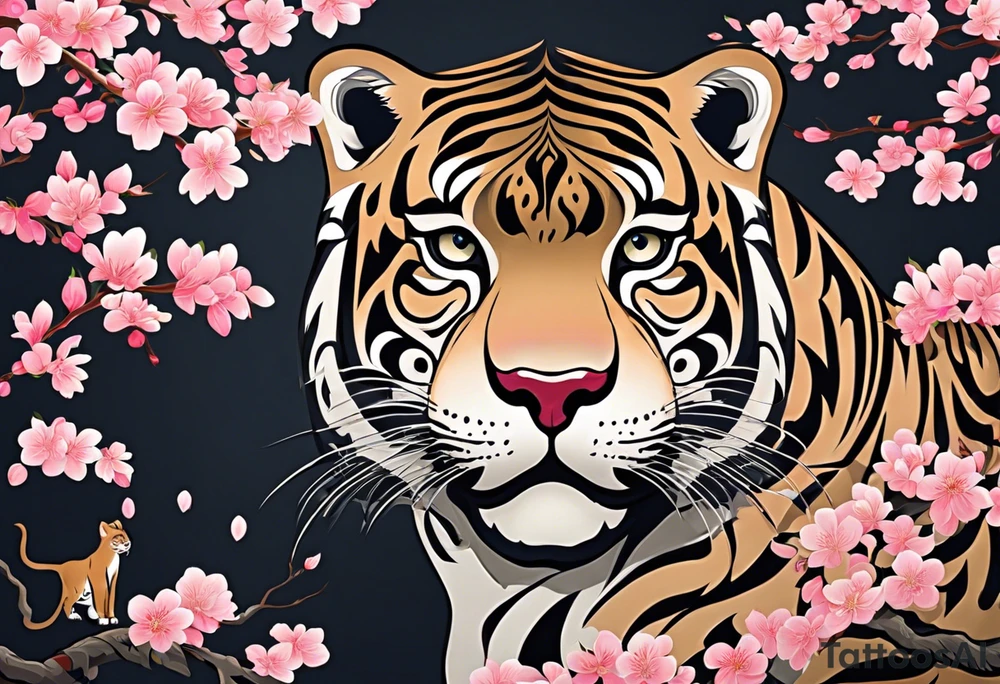 An irezumi style big cat, which looks like the traditional japanese drawing of a tiger. The colour and pattern of a jaguar on the body of the big cat. It should be climbing upwards, with the head looking to the right. The background is a stylised cherry blossom tree with multiple shades of pink for the blossoms. The colours of the background are not dark, so that the jaguar stands out against the background. 
The drawing must be traditional japanese style tattoo tattoo idea