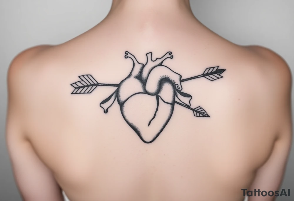 anatomical heart pierced by ornate arrow with flowing ribbons tattoo idea