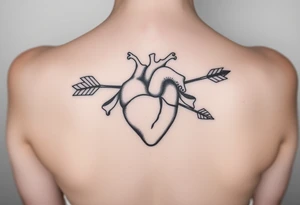 anatomical heart pierced by ornate arrow with flowing ribbons tattoo idea