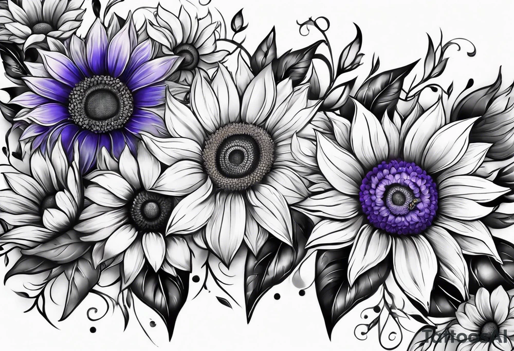 Full leg sleeve with purple, orange and blue sunflowers tattoo idea