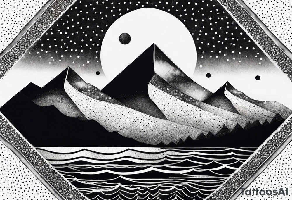 Mountains and ocean waves crashing diamond shape tattoo idea