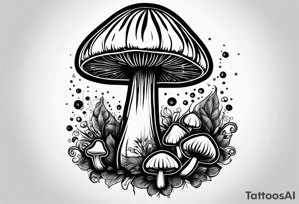 Large Shaggy cap mushroom dripping ink off cap with 4 smaller mushrooms around it mandala henna black tattoo design tattoo idea