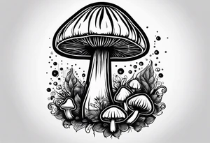 Large Shaggy cap mushroom dripping ink off cap with 4 smaller mushrooms around it mandala henna black tattoo design tattoo idea