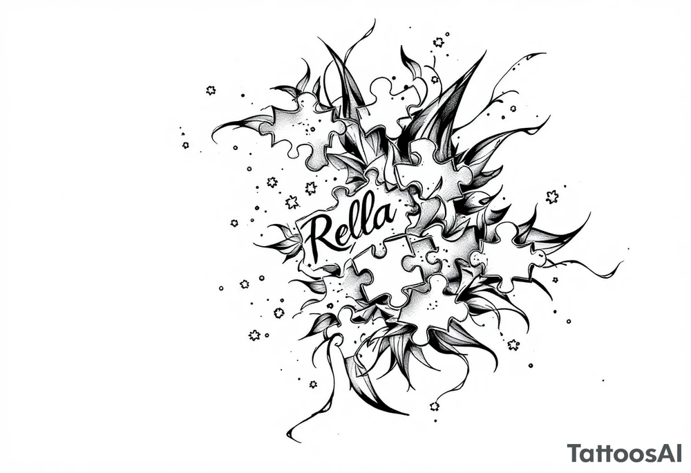 side of the neck puzzle piece tattoo where one of the pieces says Rella tattoo idea