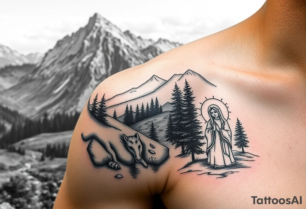 Mountainous valley with creek and a few trees with a Russian orthodox kazan scene covering my shoulder entering my upper arm with a Russian orthodox Virgin Mary tattoo idea