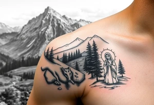 Mountainous valley with creek and a few trees with a Russian orthodox kazan scene covering my shoulder entering my upper arm with a Russian orthodox Virgin Mary tattoo idea