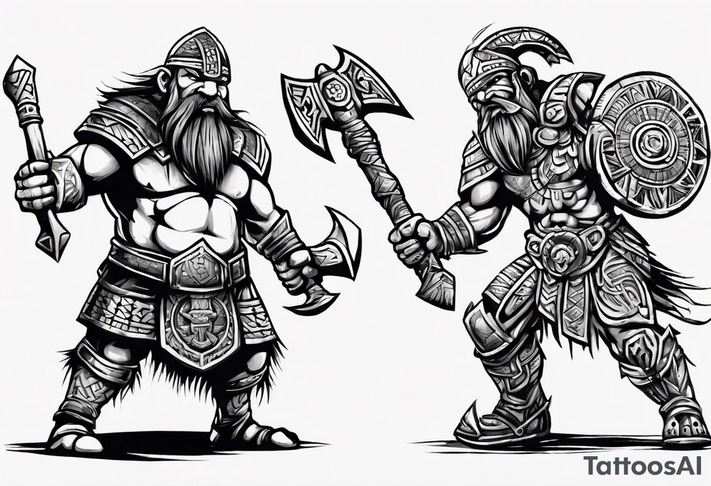 dwarven warrior with a war axe and Aztec warrior fighting against each other tattoo idea