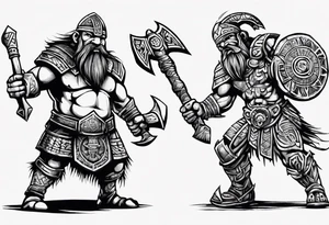 dwarven warrior with a war axe and Aztec warrior fighting against each other tattoo idea