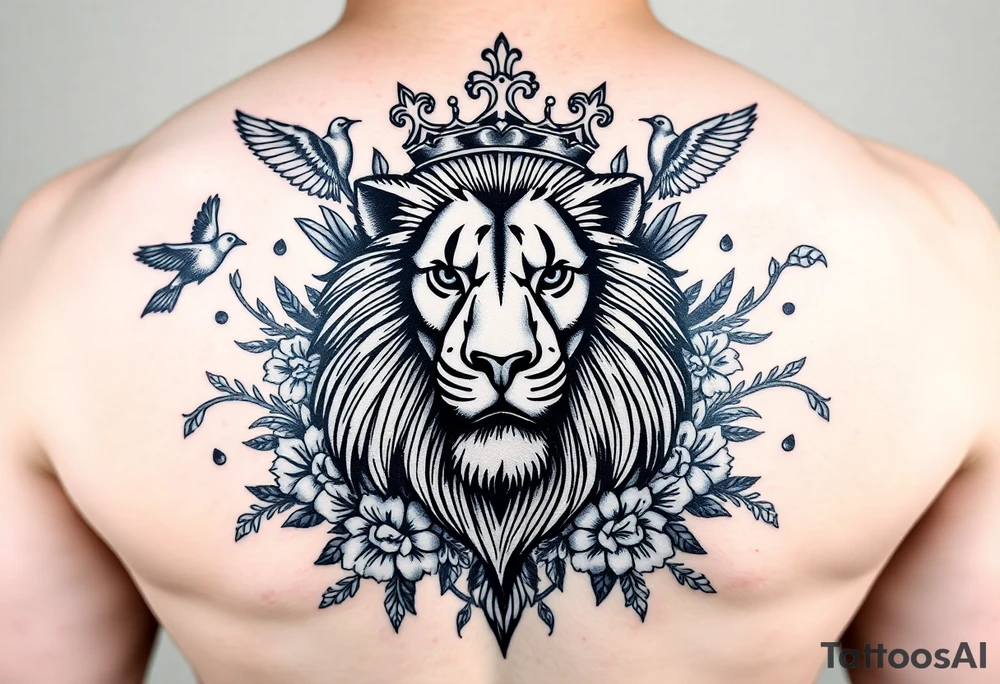 powerful majestic lion with a crown, surrounded by floral ornaments and birds tattoo idea