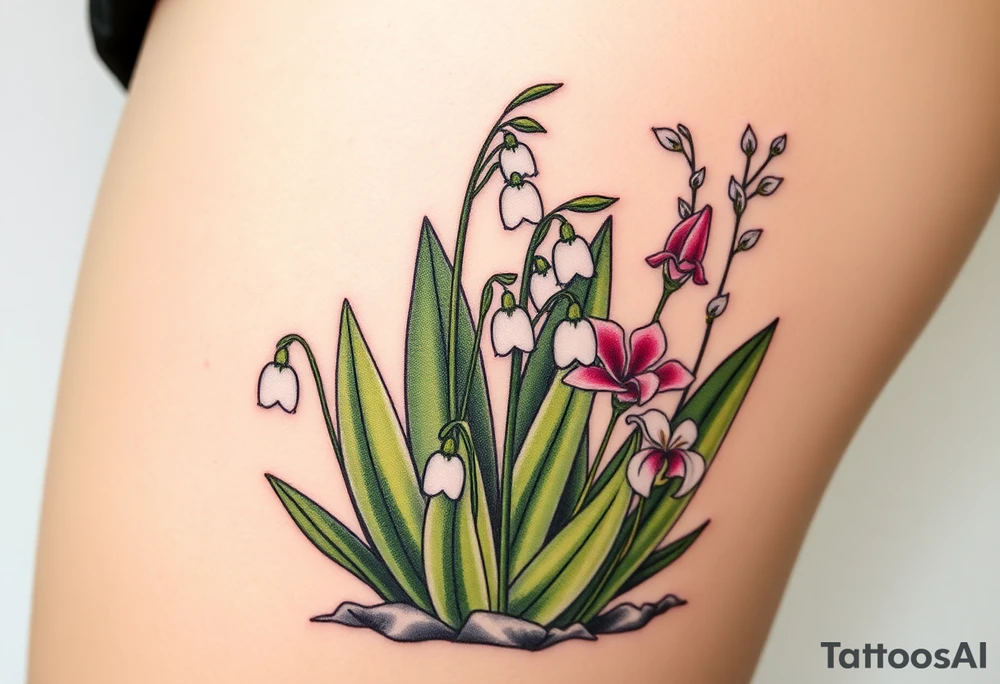 Small White lily in the valley bells growing next to other different colored lilie plants planted 
around  blooming hawthorn tree tattoo idea