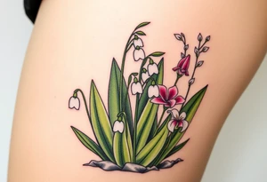 Small White lily in the valley bells growing next to other different colored lilie plants planted 
around  blooming hawthorn tree tattoo idea
