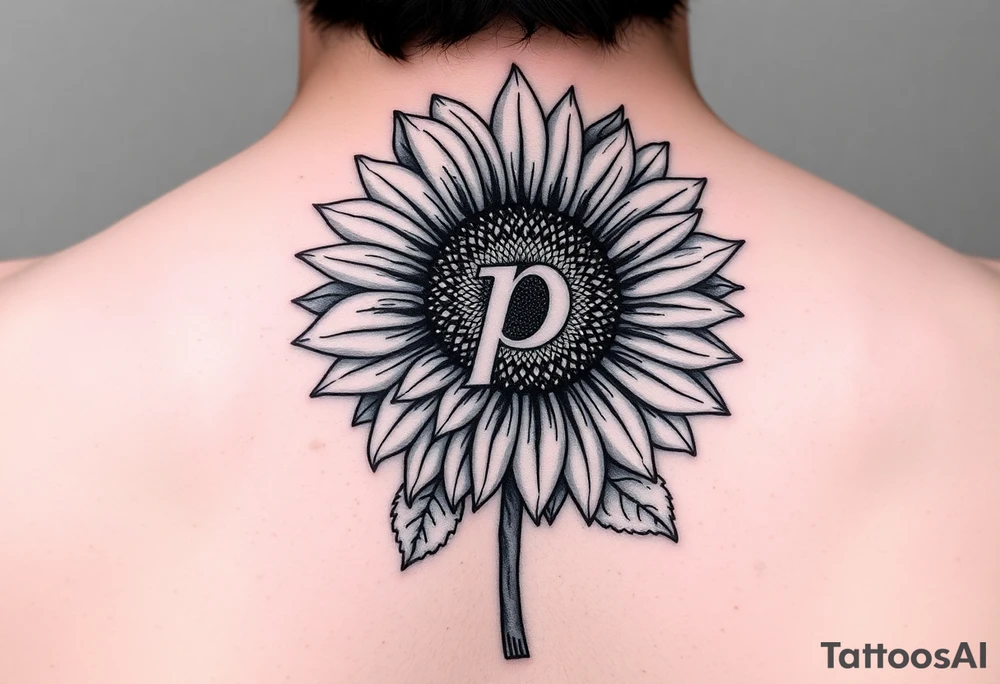 Sunflower with the letter p in the stem, black and white, small fine line tattoo idea