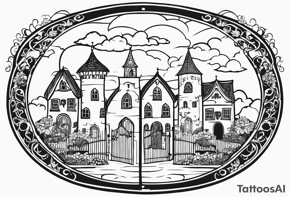 sacred medieval town houses open gate towers garden circle vignette surrounded by clouds floral tattoo idea