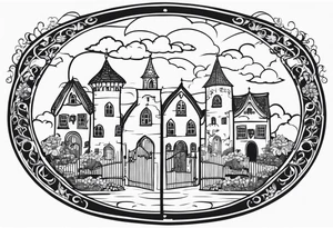 sacred medieval town houses open gate towers garden circle vignette surrounded by clouds floral tattoo idea