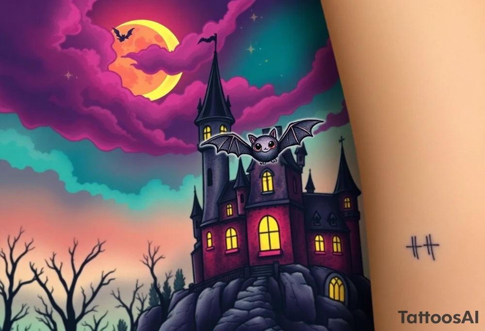 Tim Burton’s haunted castle is abandoned and dripping with muted reds, dusty pinks, and eerie green glow.purple and cyan smokey clouds swirl in the crescent moonlit sky thats sprinkled with stars under the castle an adorable kawaii bat spreads its wings tattoo idea tattoo idea