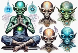 A realistic depiction of a meditating alien DJ  and energy flowing from their pineal gland tattoo idea