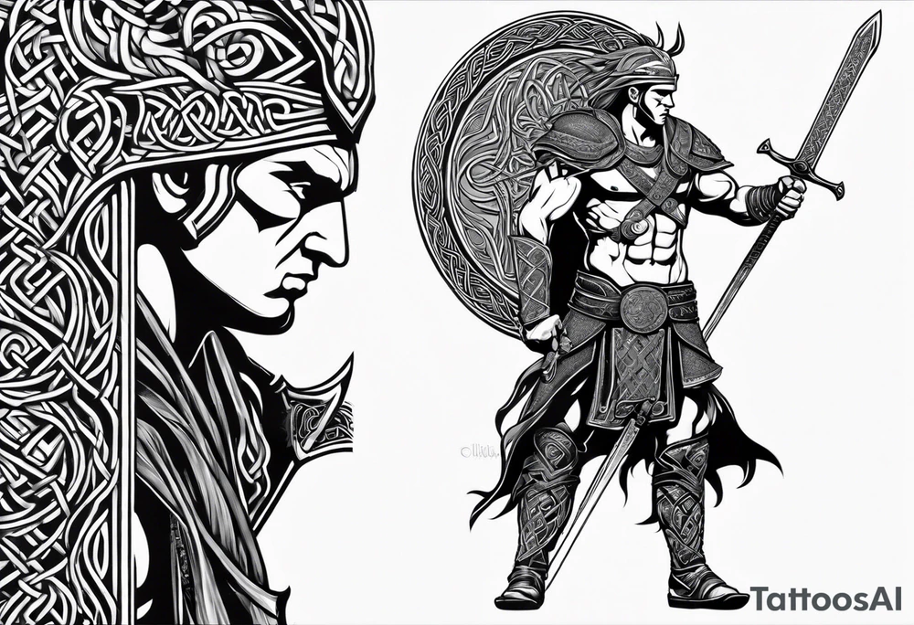 Full body side profile of Celtic warrior with weapons drawn tattoo idea